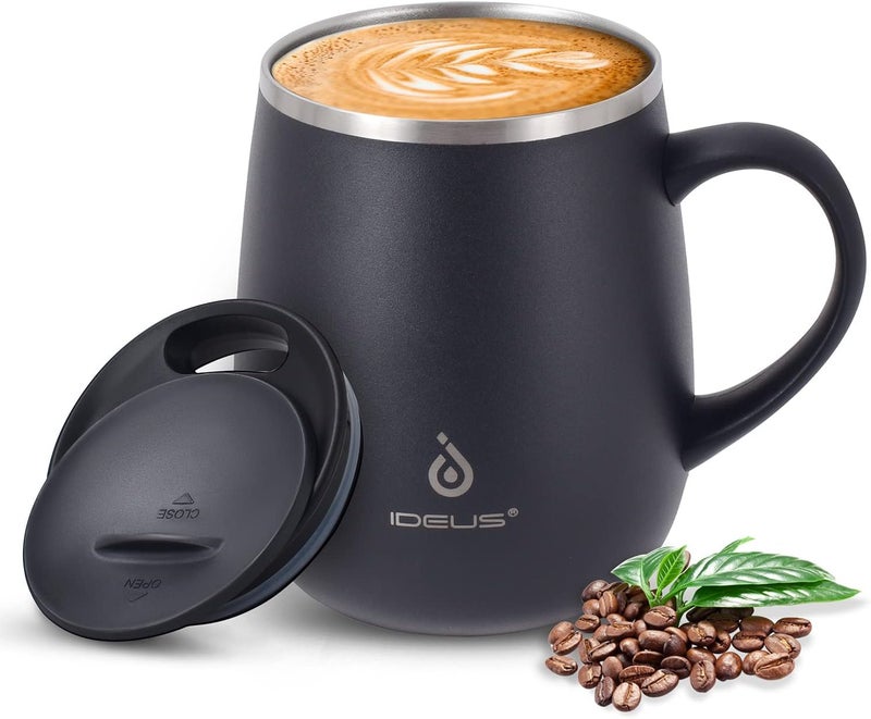 ideus 16 oz Insulated Coffee Mug with Handle and Lid, Double Wall Stainless Steel Vacuum Thermal Coffee Mug, Travel Coffee Cup Thermal Cup for Home and Office, Storm Black - Image 1